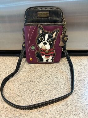 Chala Purple Black Crossbody Bag with Dog Applique